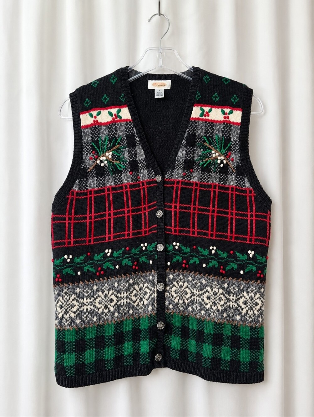 Vintage Talbots Black Plaid Button Front Embroidered Holiday Knit Sweater Vest